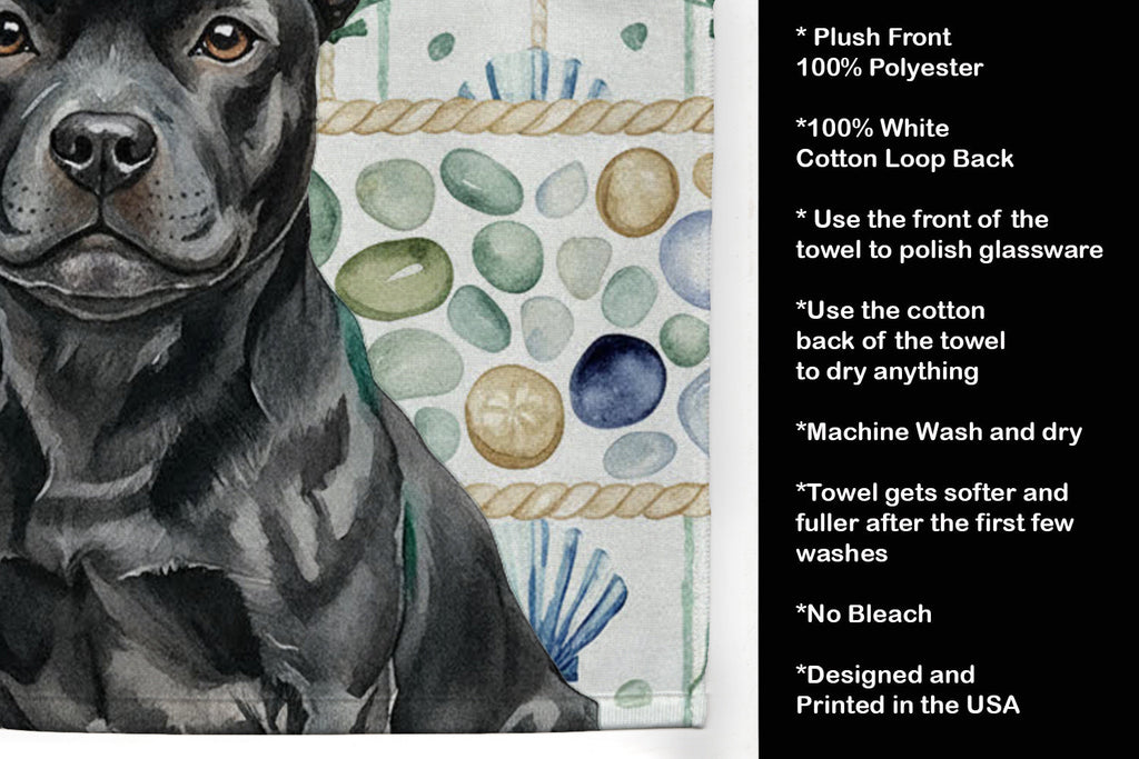 Black Staffordshire Bull Terrier Coastal Sea Glass Kitchen Towel Velour Plush Front and Cotton Loop Back Machine Washable