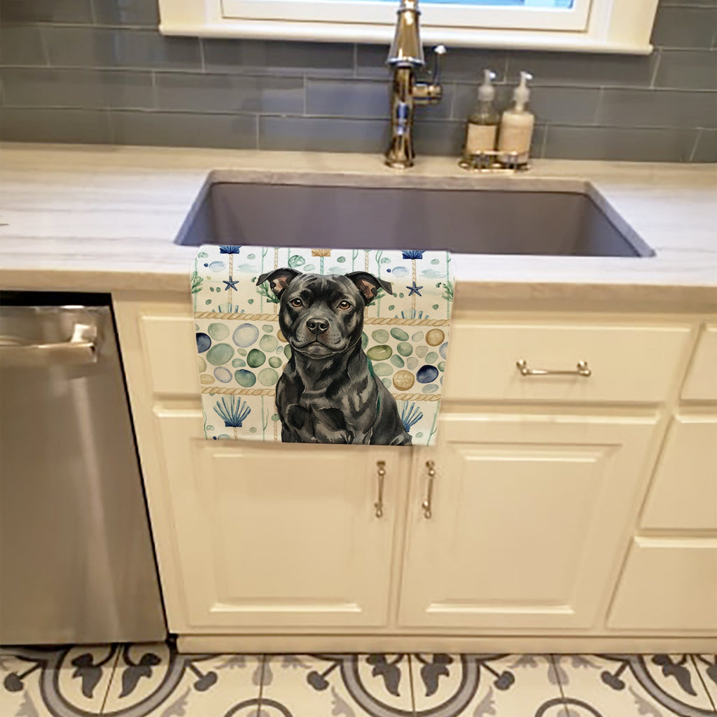 Black Staffordshire Bull Terrier Coastal Sea Glass Kitchen Towel Velour Plush Front and Cotton Loop Back Machine Washable