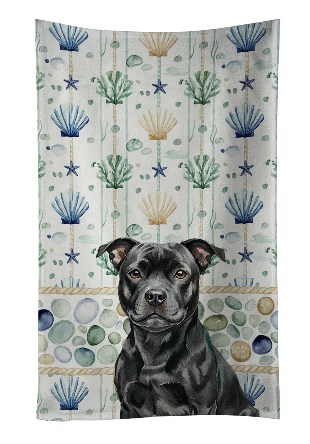 Black Staffordshire Bull Terrier Coastal Sea Glass Kitchen Towel Velour Plush Front and Cotton Loop Back Machine Washable