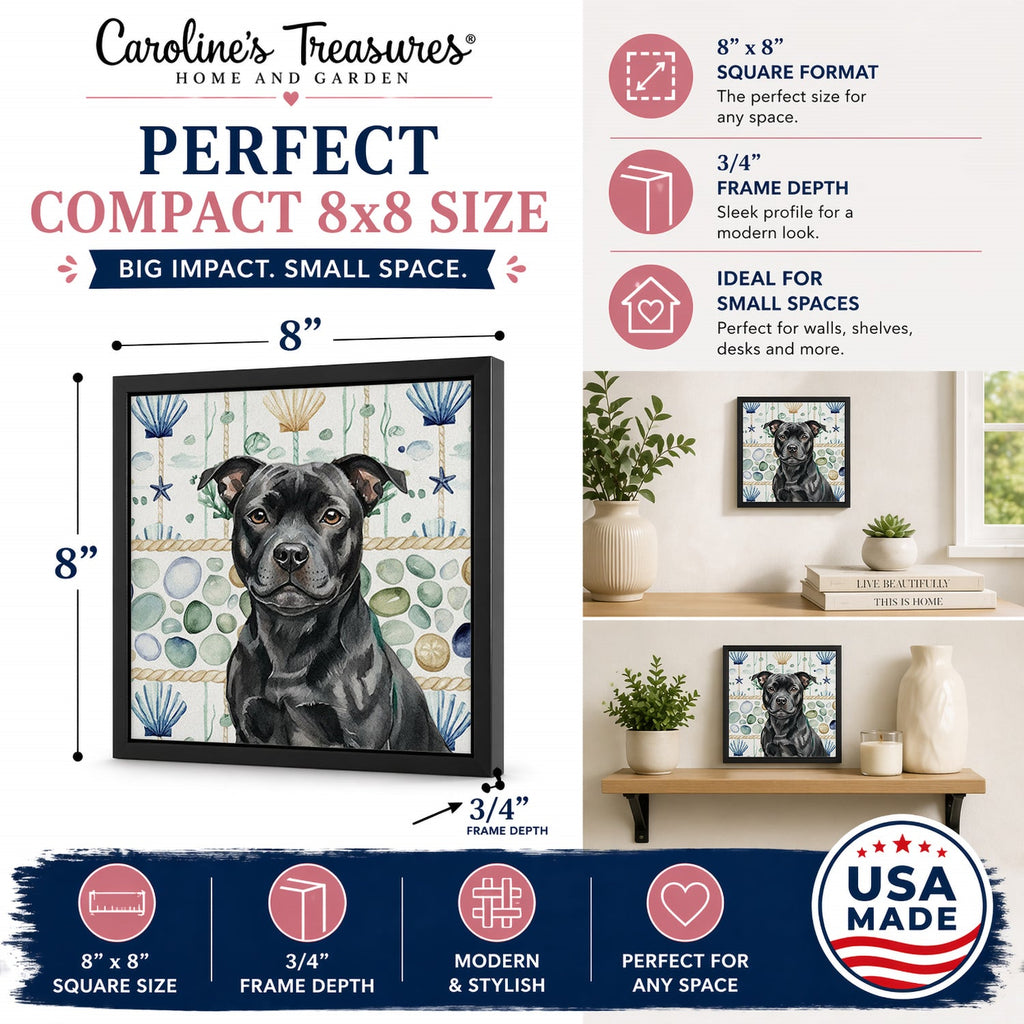 Black Staffordshire Bull Terrier Coastal Sea Glass Framed Metal Print Bathroom, Kitchen, Office, Home Decor Wall Art Ready to Hang, Square, 8X8