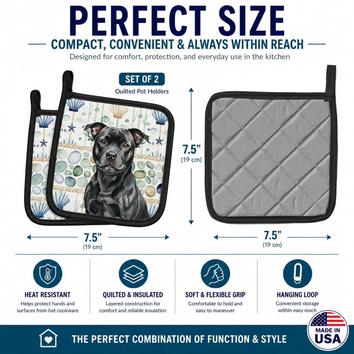 Black Staffordshire Bull Terrier Coastal Sea Glass Pot Holder Set of 2 Heat Resistant Quilted Hot Pads 7.5 x 7.5 Inch, Insulated Kitchen Trivets for Cooking & Baking