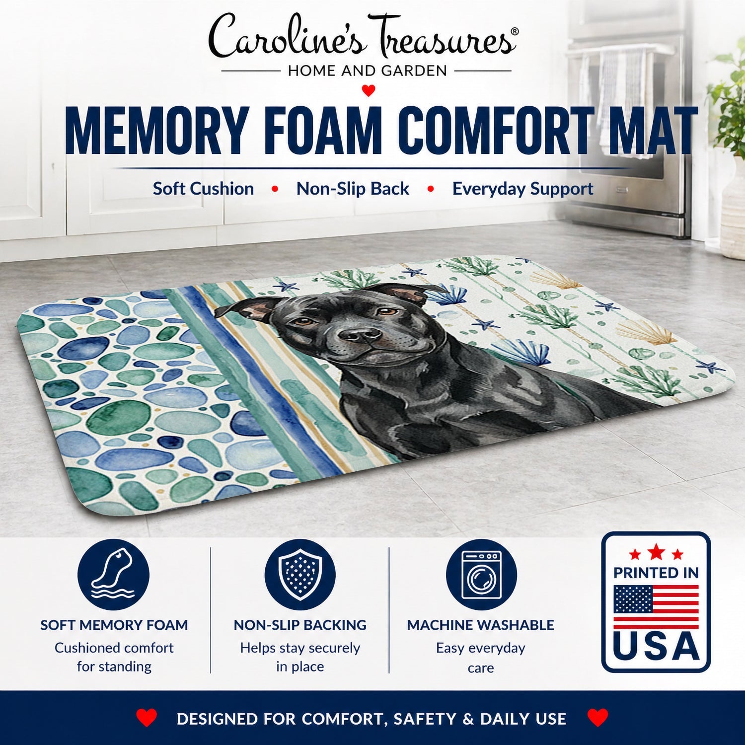 Black Staffordshire Bull Terrier Coastal Sea Glass Memory Foam Kitchen Mat Machine Washable Anti-Fatigue Cushion Comfort Bath or Kitchen Rug