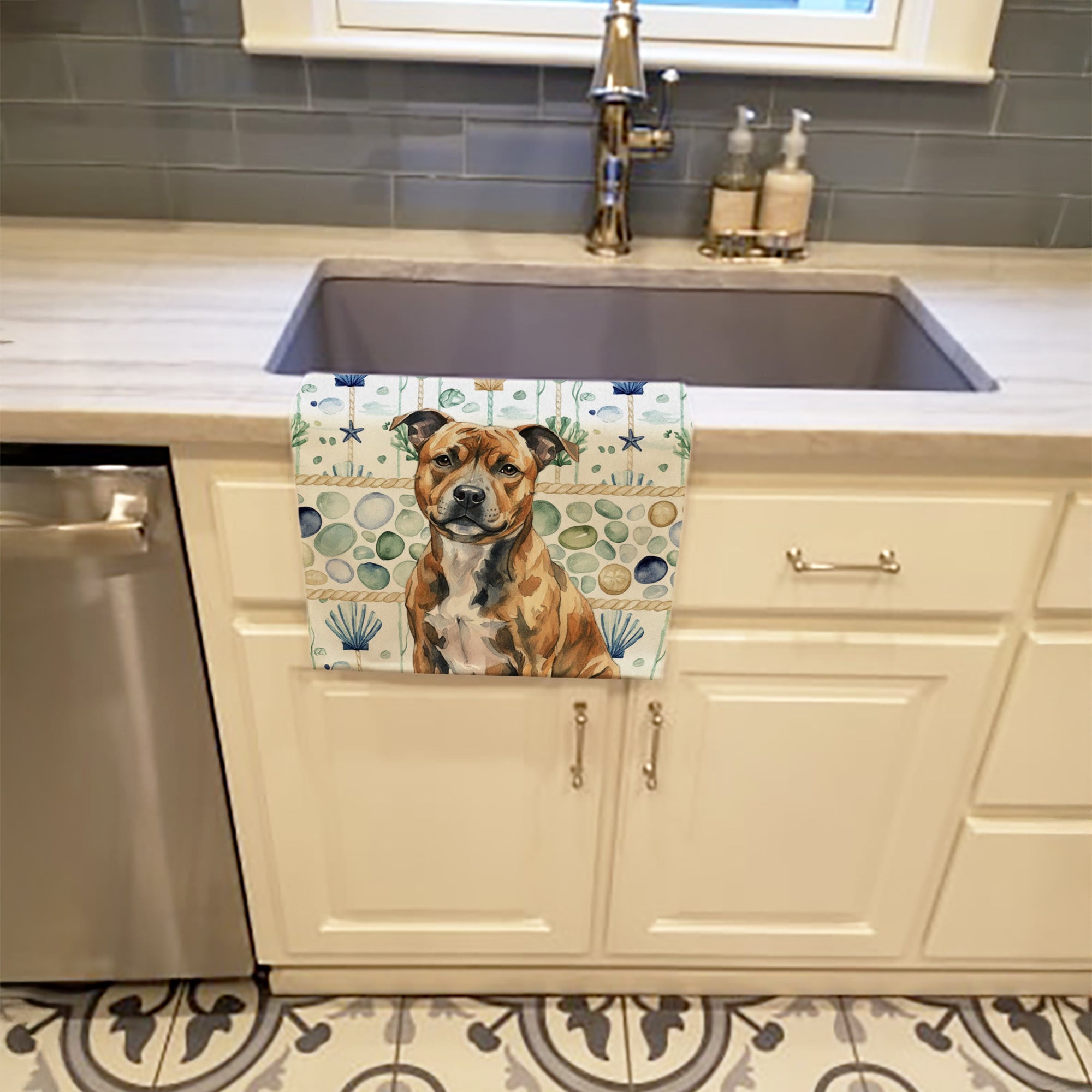 Brindle Staffordshire Bull Terrier Coastal Sea Glass Kitchen Towel Velour Plush Front and Cotton Loop Back Machine Washable