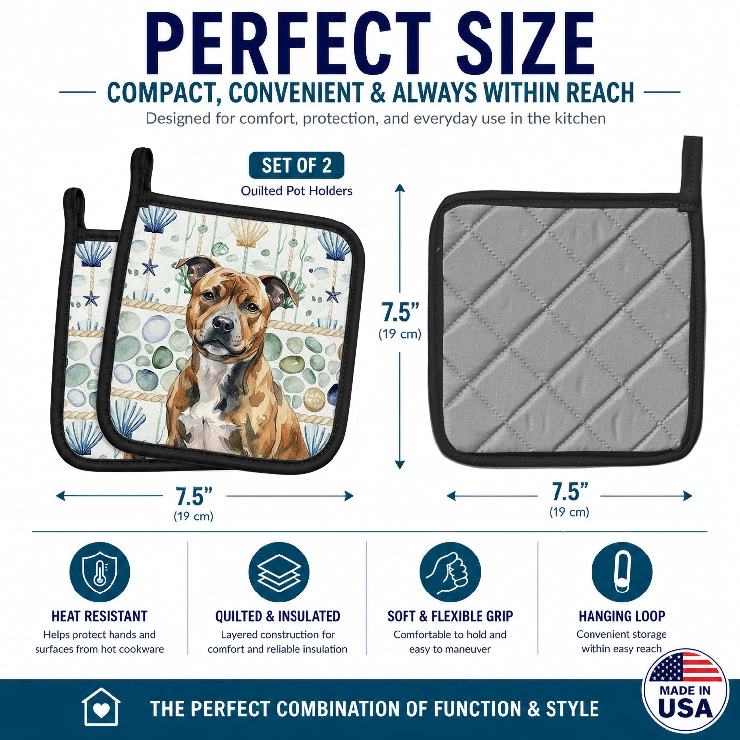 Brindle Staffordshire Bull Terrier Coastal Sea Glass Pot Holder Set of 2 Heat Resistant Quilted Hot Pads 7.5 x 7.5 Inch, Insulated Kitchen Trivets for Cooking & Baking
