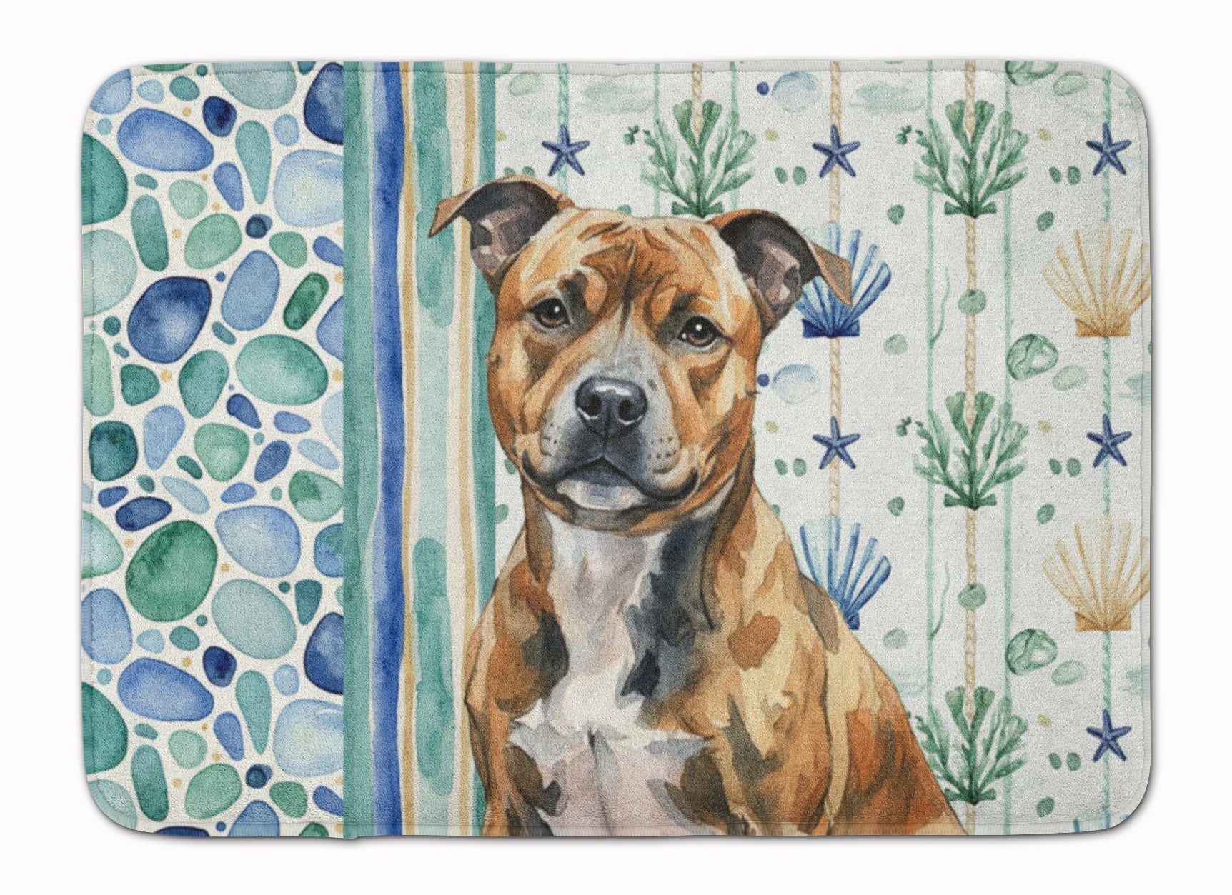 Brindle Staffordshire Bull Terrier Coastal Sea Glass Memory Foam Kitchen Mat Machine Washable Anti-Fatigue Cushion Comfort Bath or Kitchen Rug