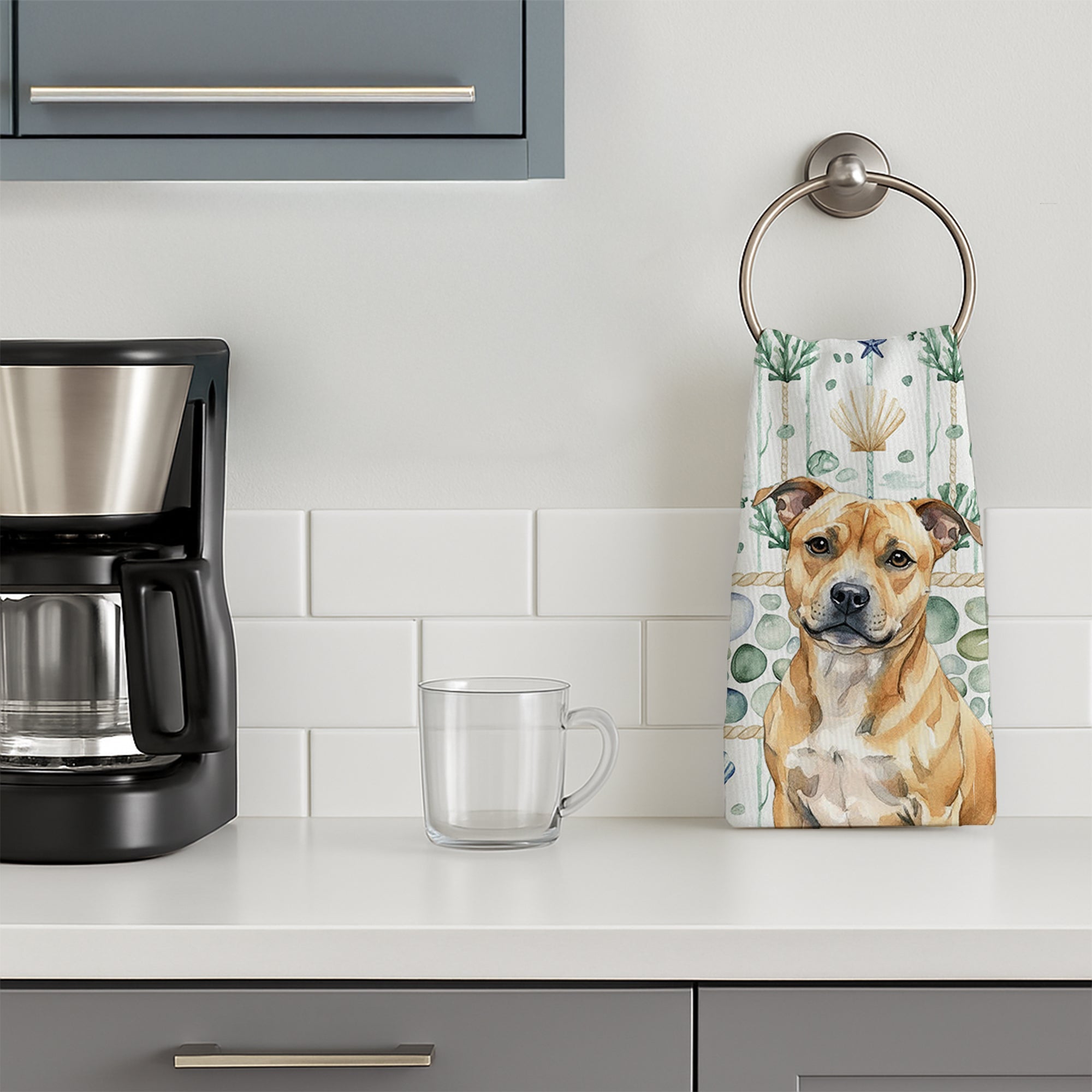Fawn Staffordshire Bull Terrier Coastal Sea Glass Kitchen Towel Velour Plush Front and Cotton Loop Back Machine Washable