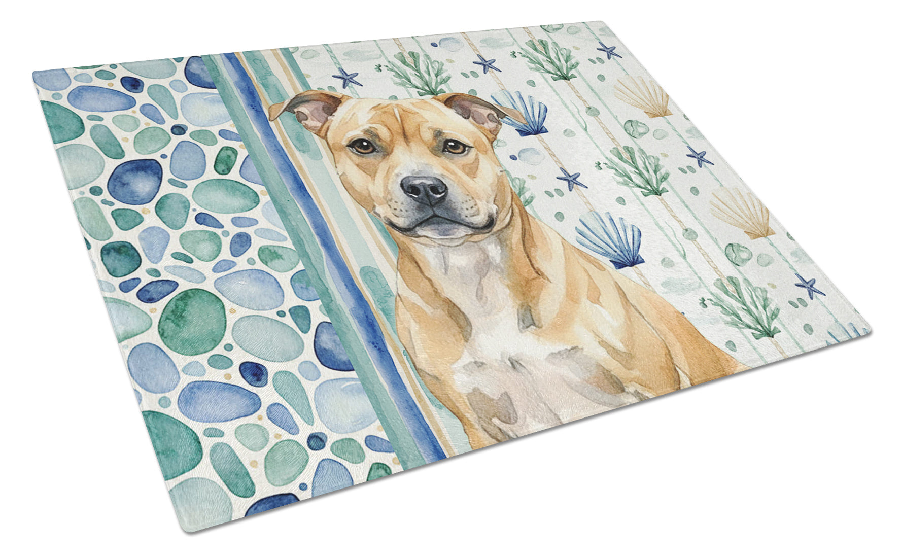 Fawn Staffordshire Bull Terrier Coastal Sea Glass Cutting Board Tempered Glass Kitchen Cutting Surface, Heat Resistant Chopping, Non-Slip Feet, Food Prep & Serving