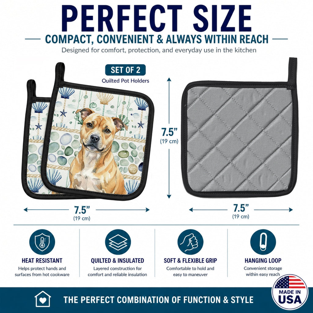 Fawn Staffordshire Bull Terrier Coastal Sea Glass Pot Holder Set of 2 Heat Resistant Quilted Hot Pads 7.5 x 7.5 Inch, Insulated Kitchen Trivets for Cooking & Baking