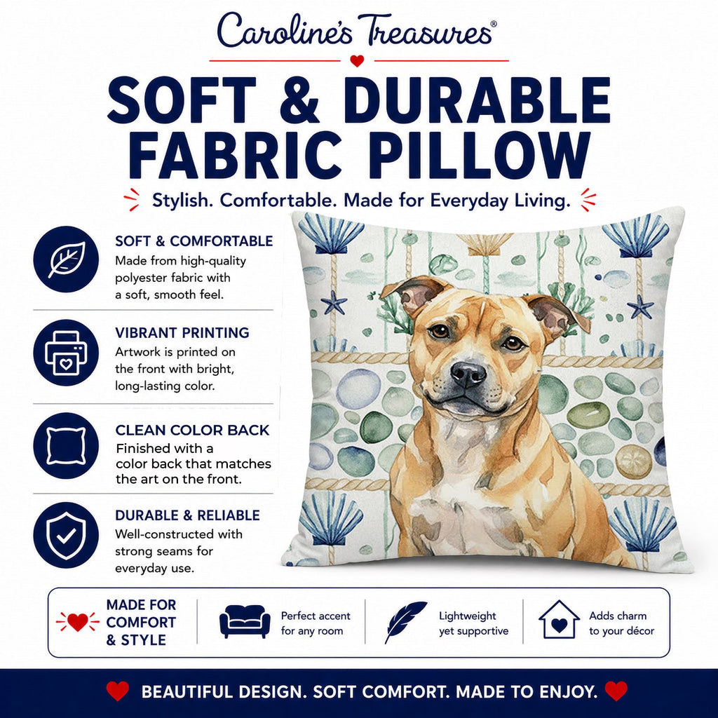Fawn Staffordshire Bull Terrier Coastal Sea Glass Decorative Throw Pillow 18x18 Indoor Outdoor Accent Cushion, Fabric Cover with Insert for Sofa, Bed, Porch & Living Room