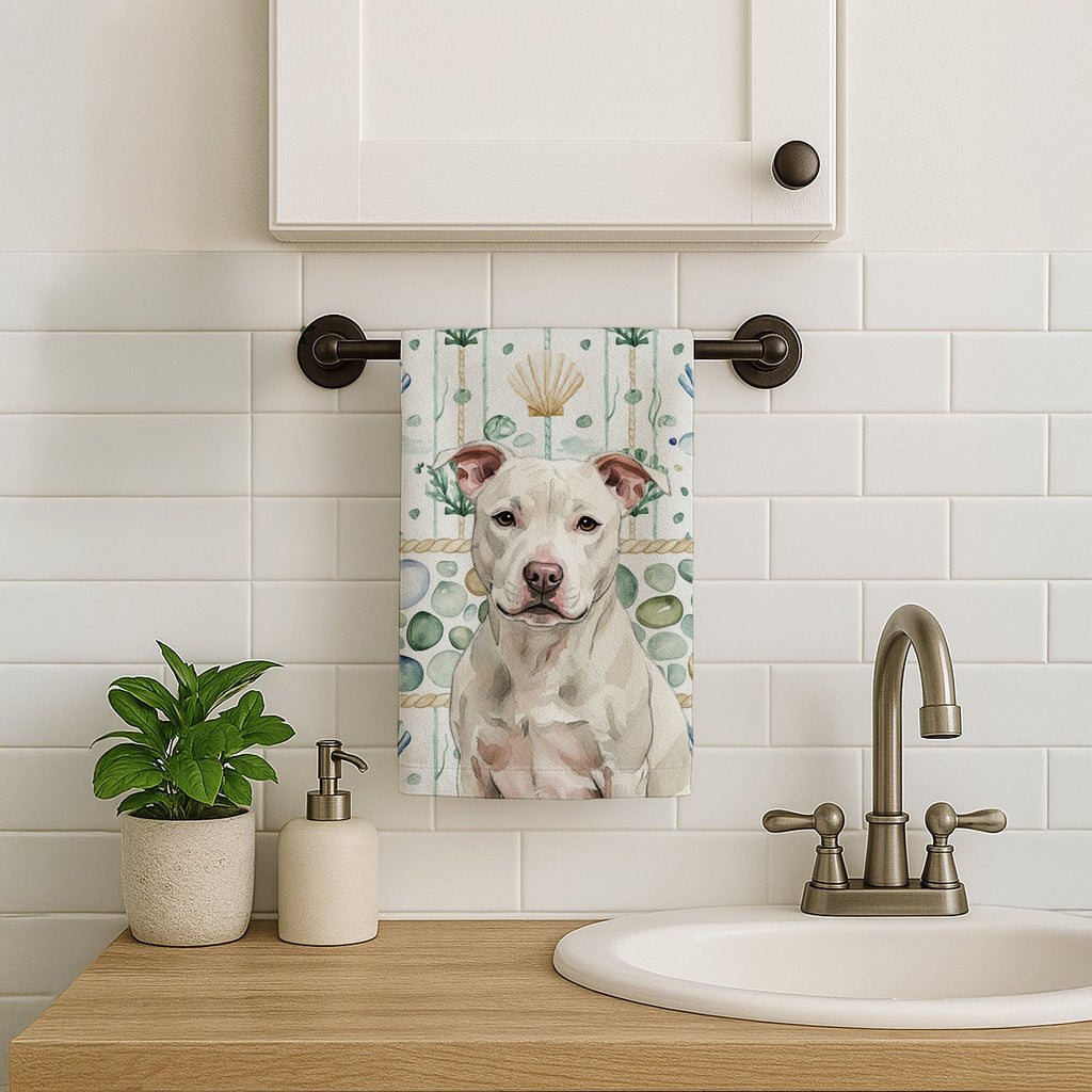 White Staffordshire Bull Terrier Coastal Sea Glass Kitchen Towel Velour Plush Front and Cotton Loop Back Machine Washable