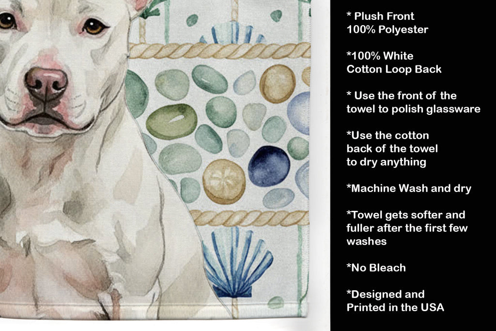 White Staffordshire Bull Terrier Coastal Sea Glass Kitchen Towel Velour Plush Front and Cotton Loop Back Machine Washable