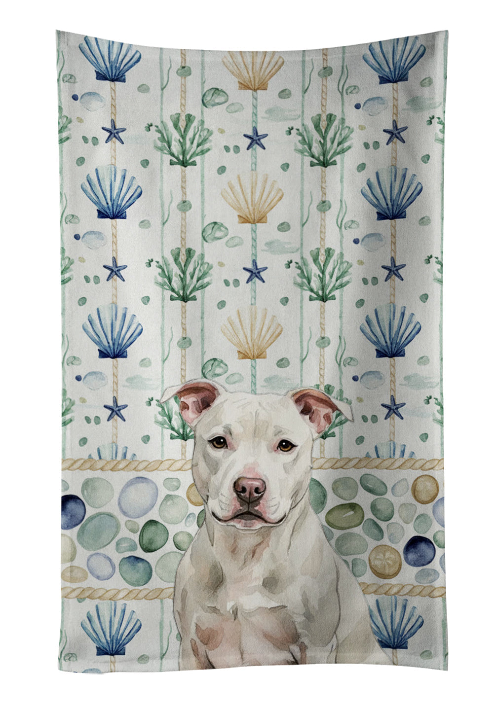 White Staffordshire Bull Terrier Coastal Sea Glass Kitchen Towel Velour Plush Front and Cotton Loop Back Machine Washable