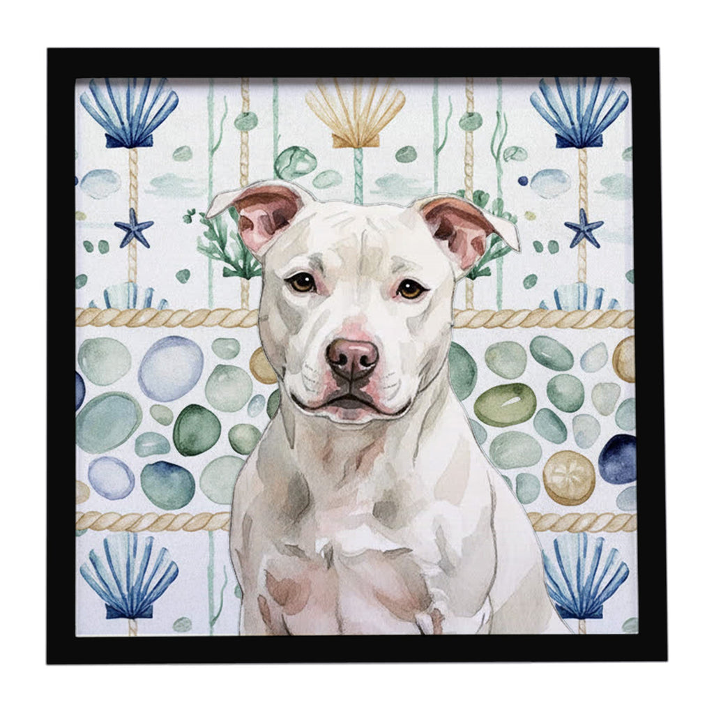 White Staffordshire Bull Terrier Coastal Sea Glass Framed Metal Print Bathroom, Kitchen, Office, Home Decor Wall Art Ready to Hang, Square, 8X8