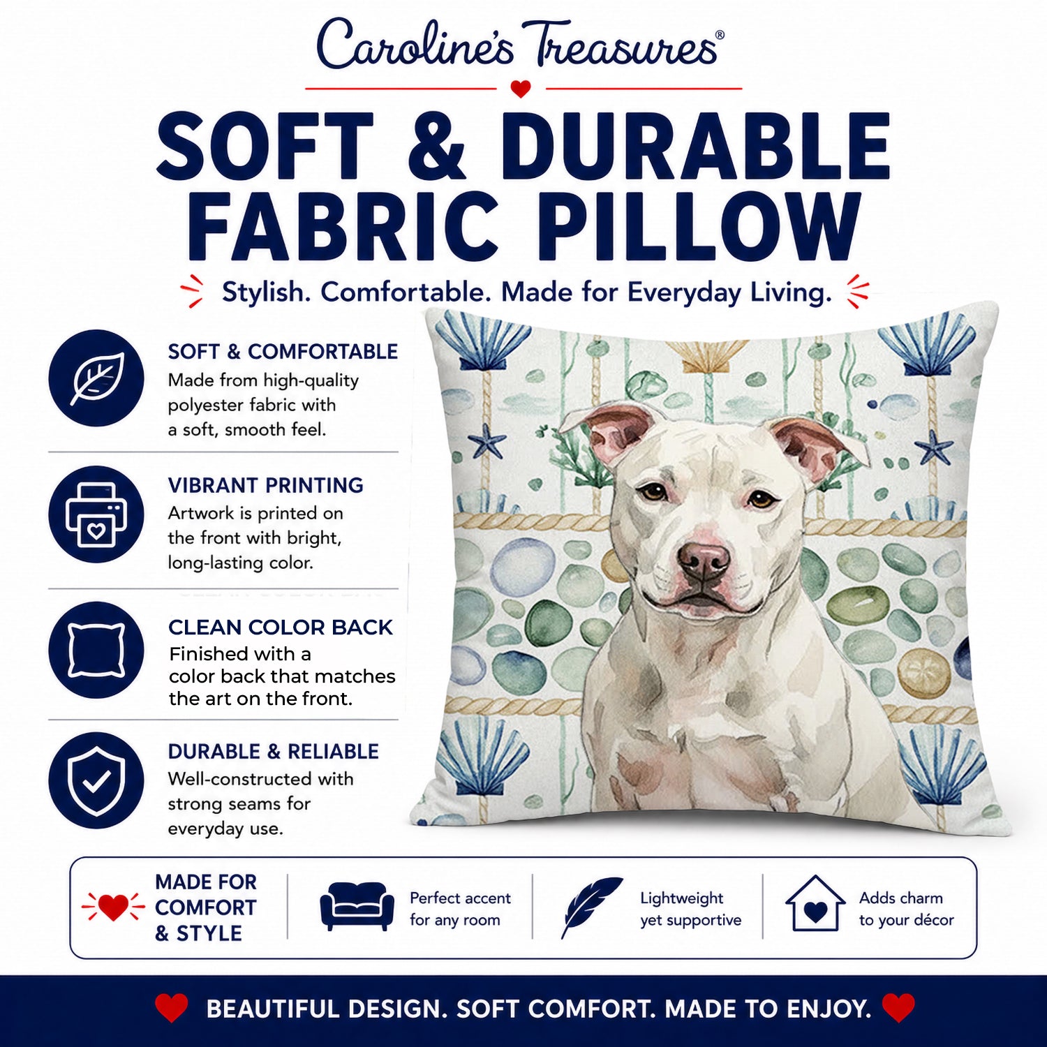 White Staffordshire Bull Terrier Coastal Sea Glass Decorative Throw Pillow 14x14 Indoor Outdoor Accent Cushion, Fabric Cover with Insert for Sofa, Bed, Porch & Living Room