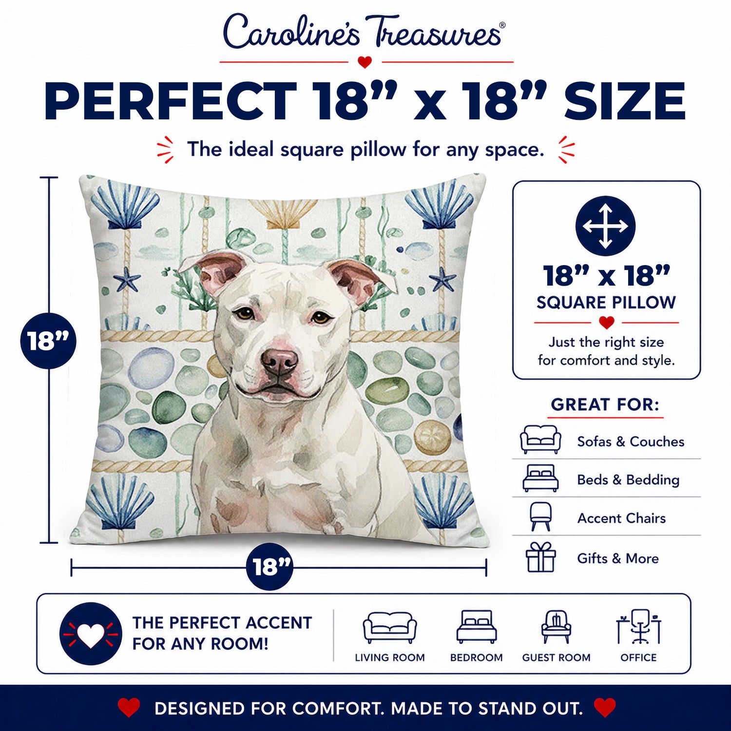 White Staffordshire Bull Terrier Coastal Sea Glass Decorative Throw Pillow 18x18 Indoor Outdoor Accent Cushion, Fabric Cover with Insert for Sofa, Bed, Porch & Living Room