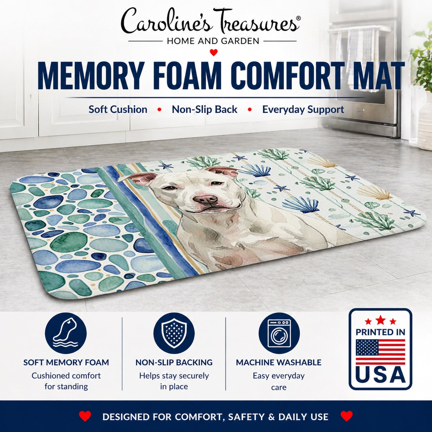 White Staffordshire Bull Terrier Coastal Sea Glass Memory Foam Kitchen Mat Machine Washable Anti-Fatigue Cushion Comfort Bath or Kitchen Rug