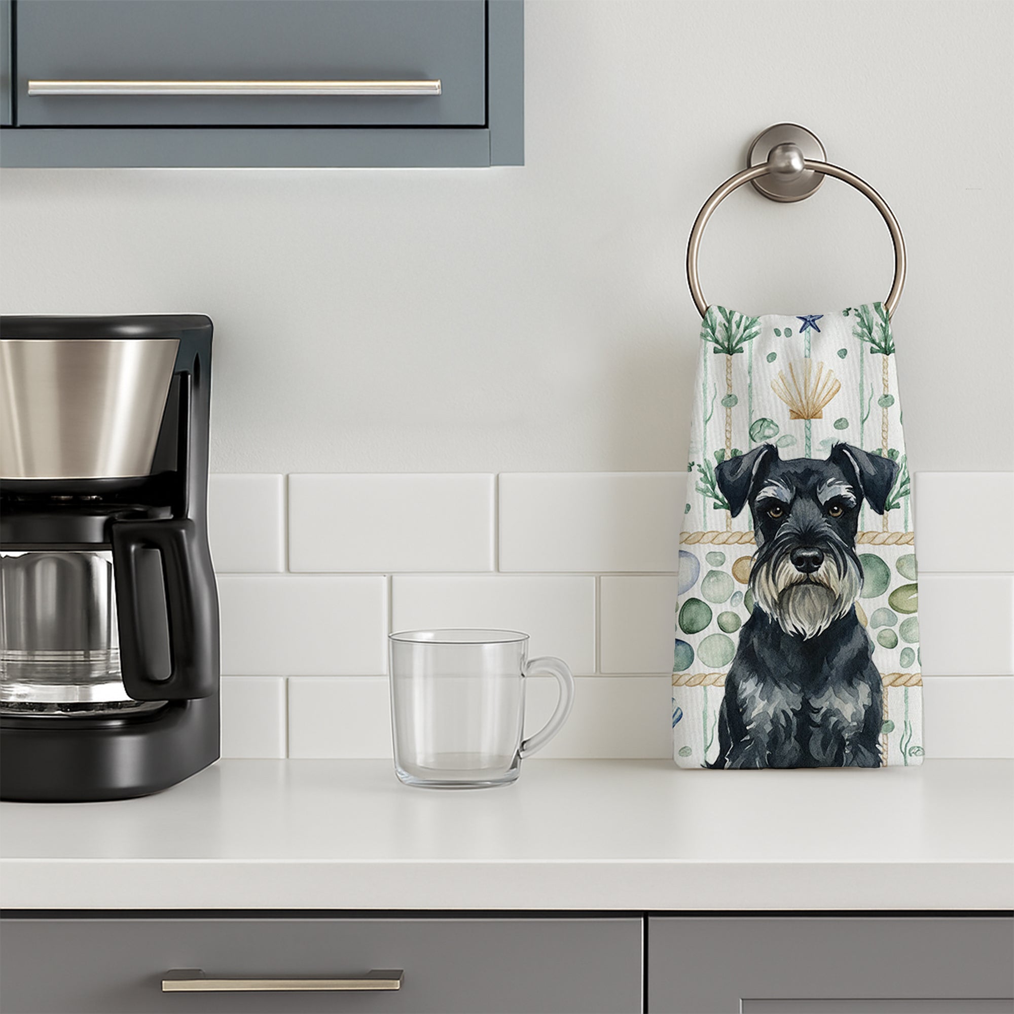 Standard Schnauzer Coastal Sea Glass Kitchen Towel Velour Plush Front and Cotton Loop Back Machine Washable