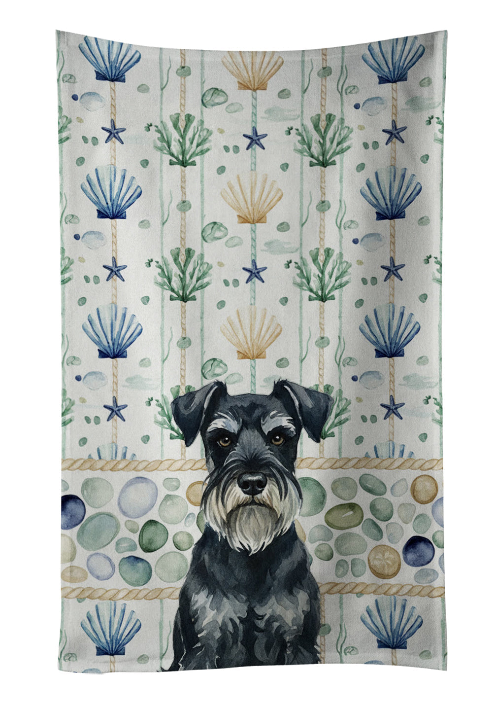 Standard Schnauzer Coastal Sea Glass Kitchen Towel Velour Plush Front and Cotton Loop Back Machine Washable