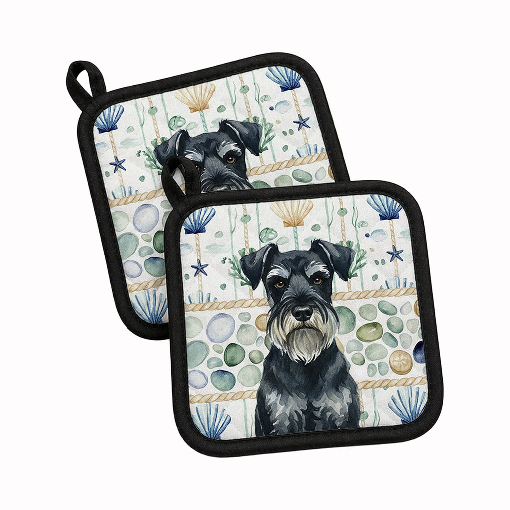 Standard Schnauzer Coastal Sea Glass Pot Holder Set of 2 Heat Resistant Quilted Hot Pads 7.5 x 7.5 Inch, Insulated Kitchen Trivets for Cooking & Baking