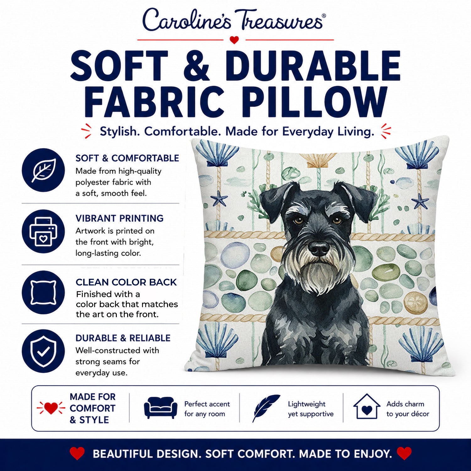 Standard Schnauzer Coastal Sea Glass Decorative Throw Pillow 14x14 Indoor Outdoor Accent Cushion, Fabric Cover with Insert for Sofa, Bed, Porch & Living Room