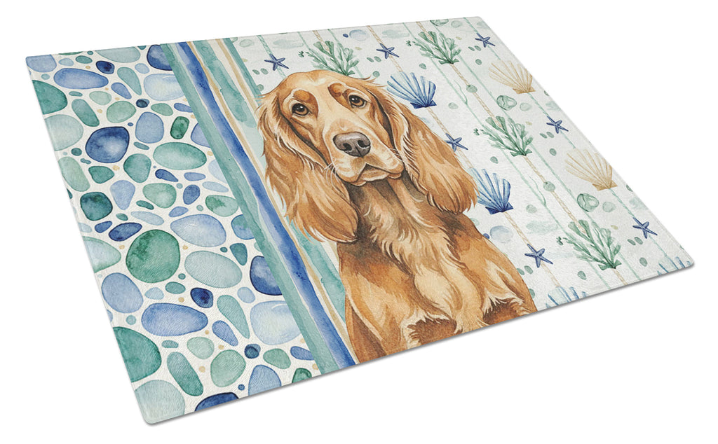 Sussex Spaniel Coastal Sea Glass Cutting Board Tempered Glass Kitchen Cutting Surface, Heat Resistant Chopping, Non-Slip Feet, Food Prep & Serving