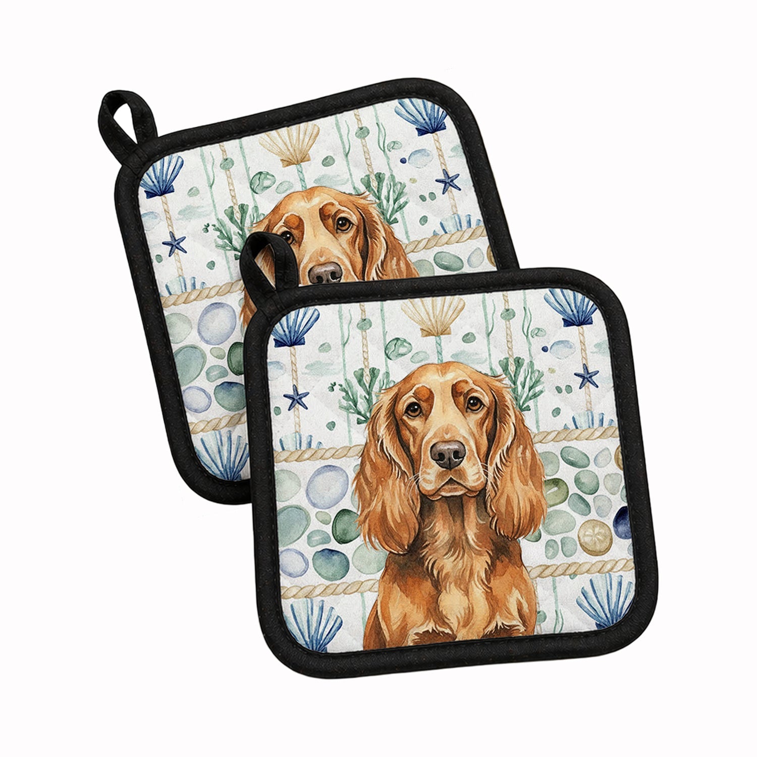 Sussex Spaniel Coastal Sea Glass Pot Holder Set of 2 Heat Resistant Quilted Hot Pads 7.5 x 7.5 Inch, Insulated Kitchen Trivets for Cooking & Baking