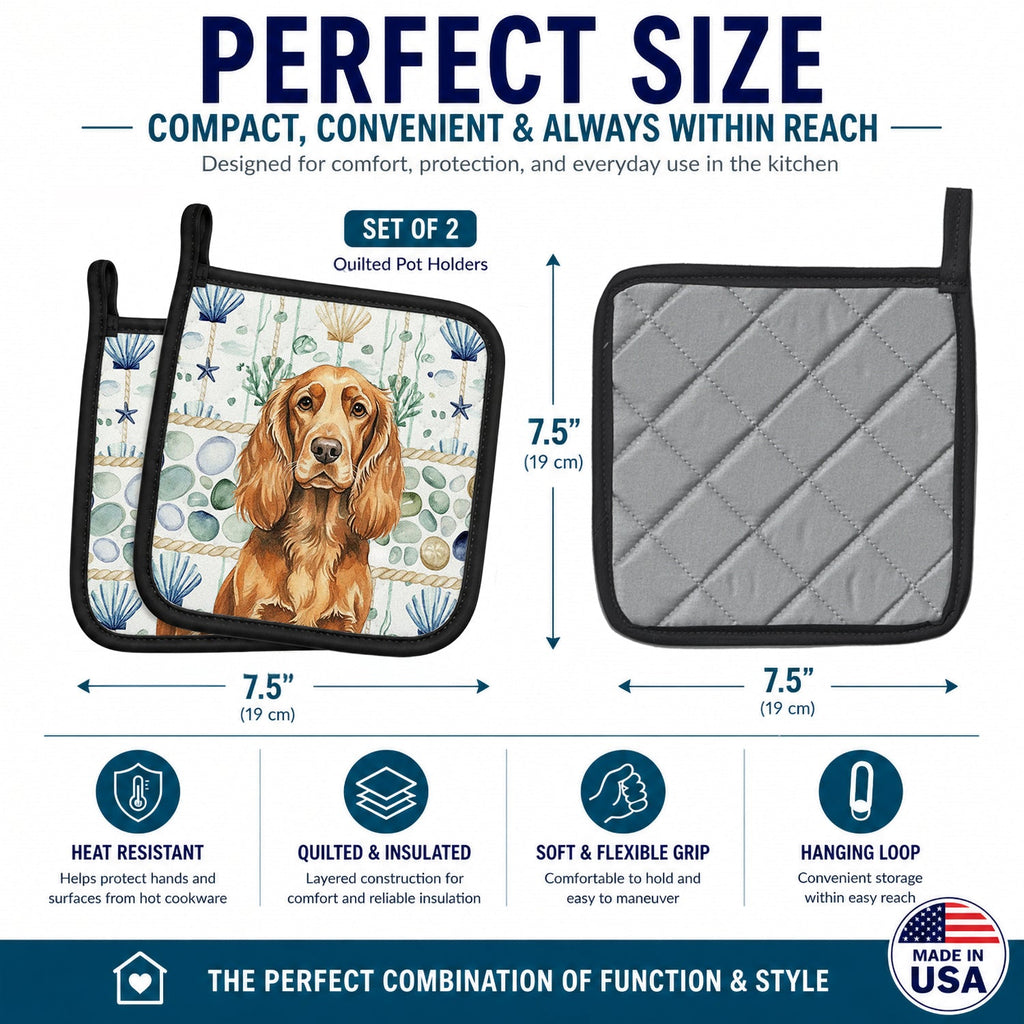 Sussex Spaniel Coastal Sea Glass Pot Holder Set of 2 Heat Resistant Quilted Hot Pads 7.5 x 7.5 Inch, Insulated Kitchen Trivets for Cooking & Baking