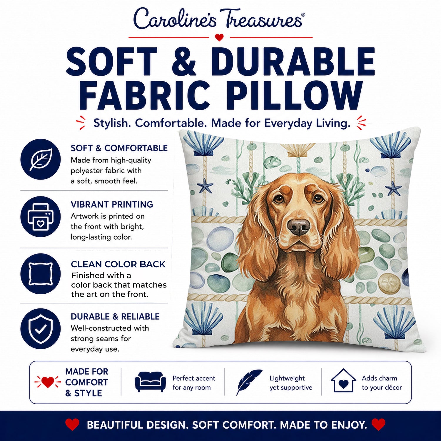 Sussex Spaniel Coastal Sea Glass Decorative Throw Pillow 18x18 Indoor Outdoor Accent Cushion, Fabric Cover with Insert for Sofa, Bed, Porch & Living Room