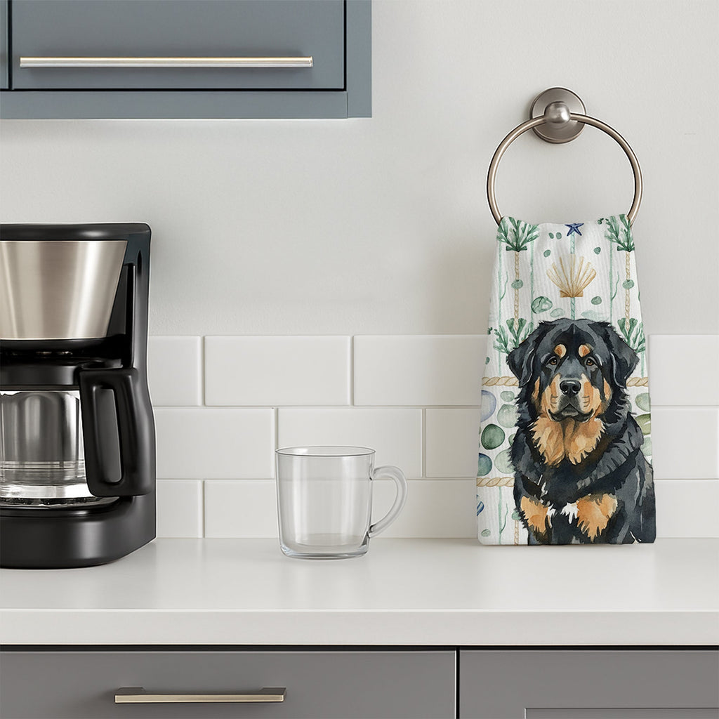 Black and Tan Tibetan Mastiff Coastal Sea Glass Kitchen Towel Velour Plush Front and Cotton Loop Back Machine Washable