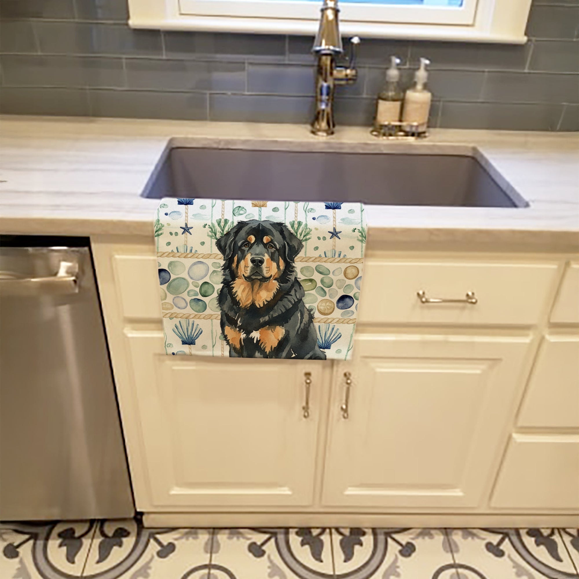 Black and Tan Tibetan Mastiff Coastal Sea Glass Kitchen Towel Velour Plush Front and Cotton Loop Back Machine Washable
