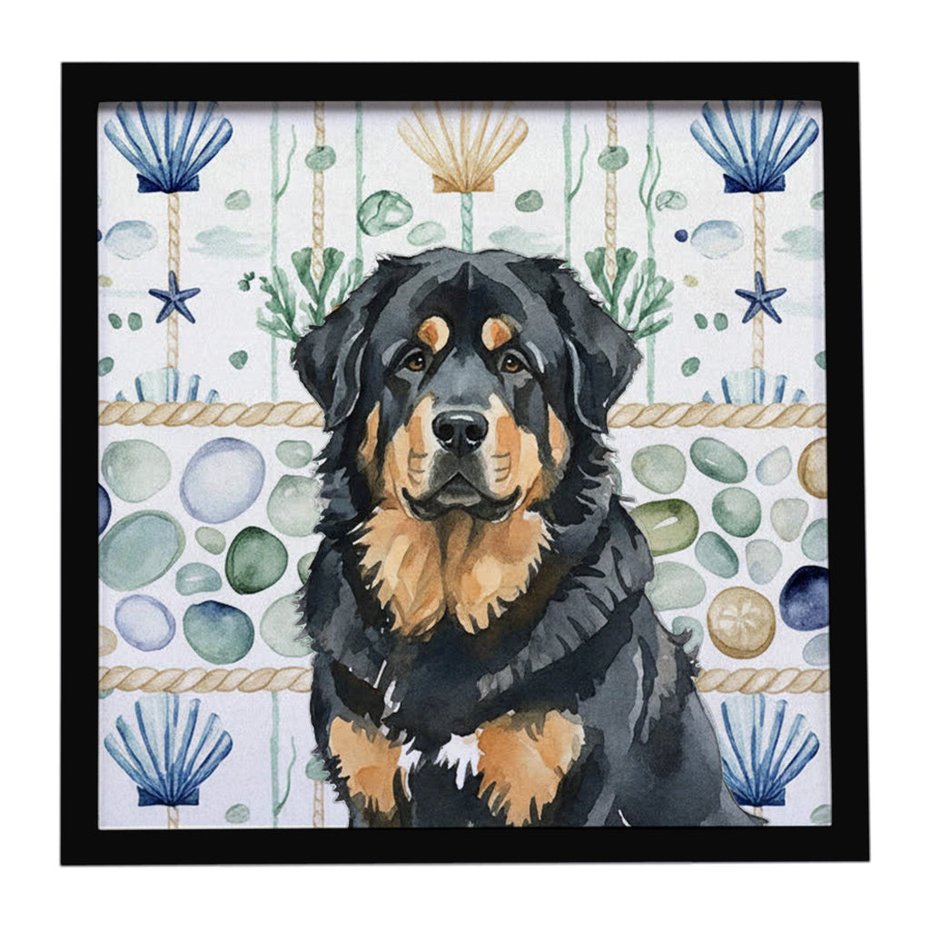 Black and Tan Tibetan Mastiff Coastal Sea Glass Framed Metal Print Bathroom, Kitchen, Office, Home Decor Wall Art Ready to Hang, Square, 8X8