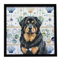 Black and Tan Tibetan Mastiff Coastal Sea Glass Framed Metal Print Bathroom, Kitchen, Office, Home Decor Wall Art Ready to Hang, Square, 8X8