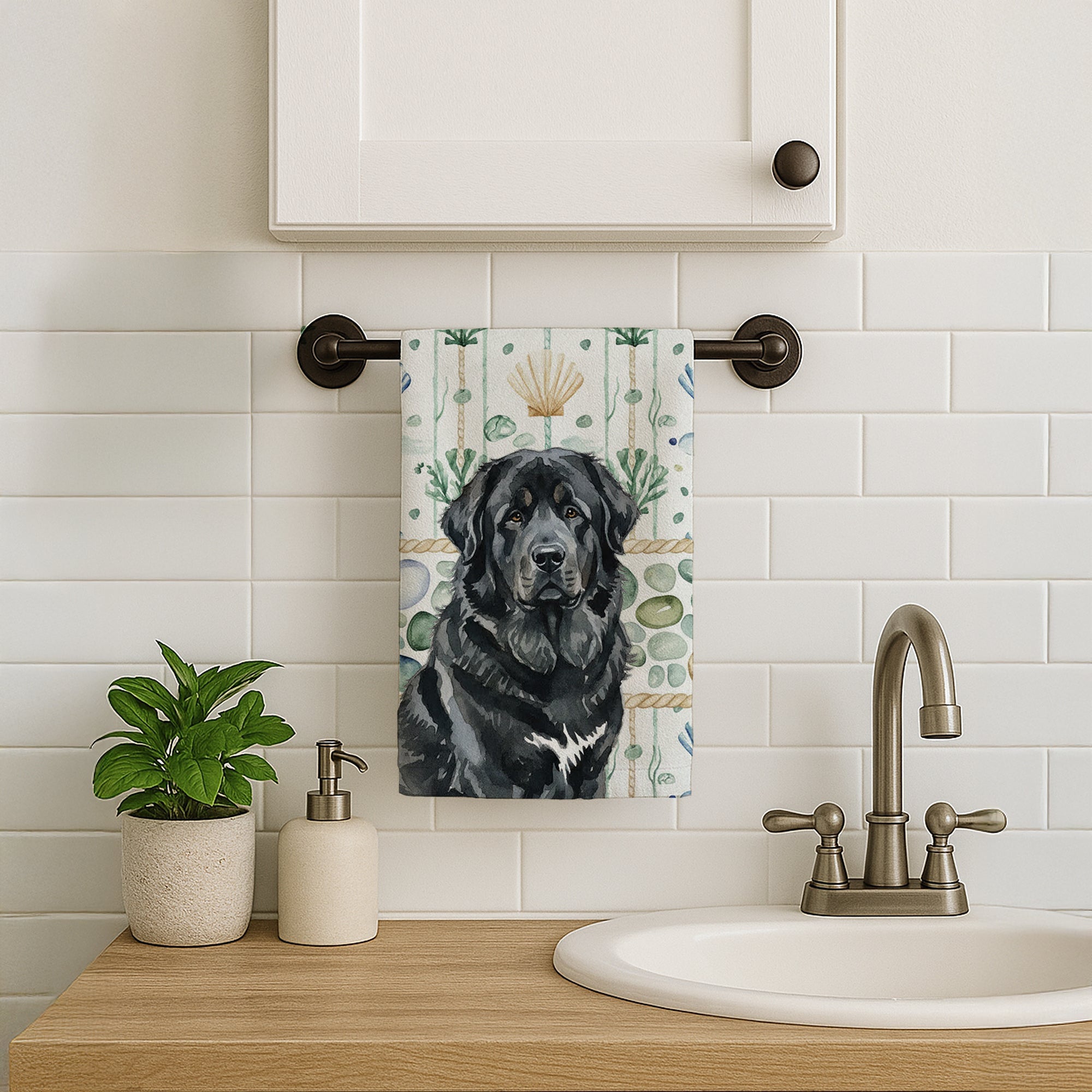 Black Tibetan Mastiff Coastal Sea Glass Kitchen Towel Velour Plush Front and Cotton Loop Back Machine Washable