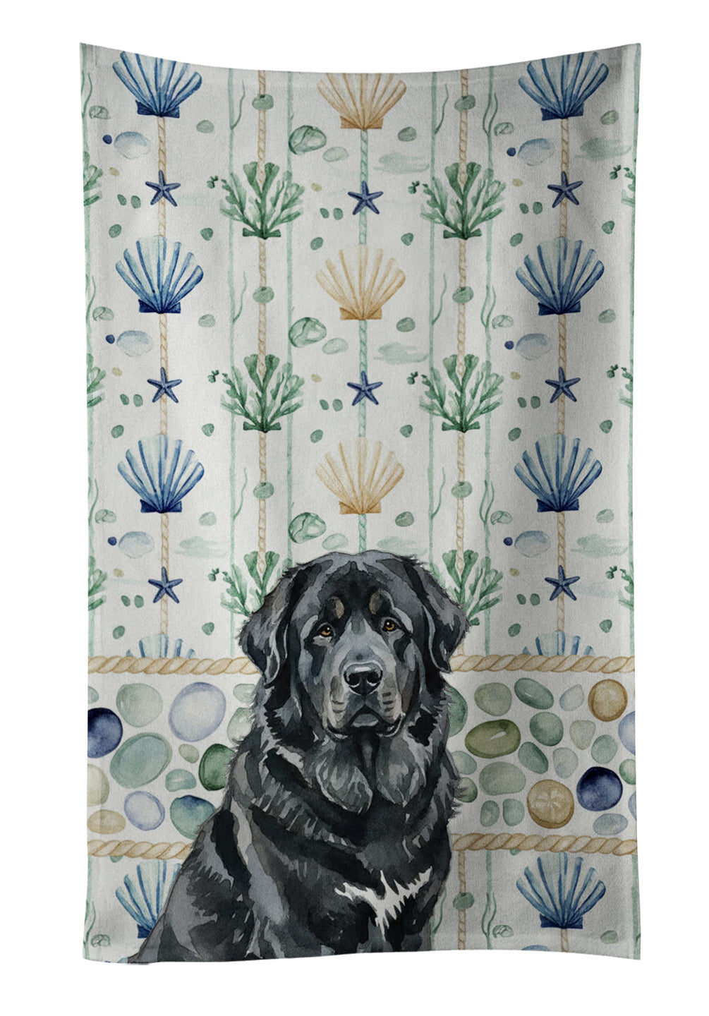 Black Tibetan Mastiff Coastal Sea Glass Kitchen Towel Velour Plush Front and Cotton Loop Back Machine Washable