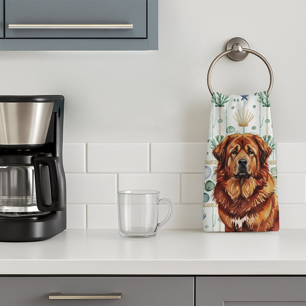 Red Gold Tibetan Mastiff Coastal Sea Glass Kitchen Towel Velour Plush Front and Cotton Loop Back Machine Washable