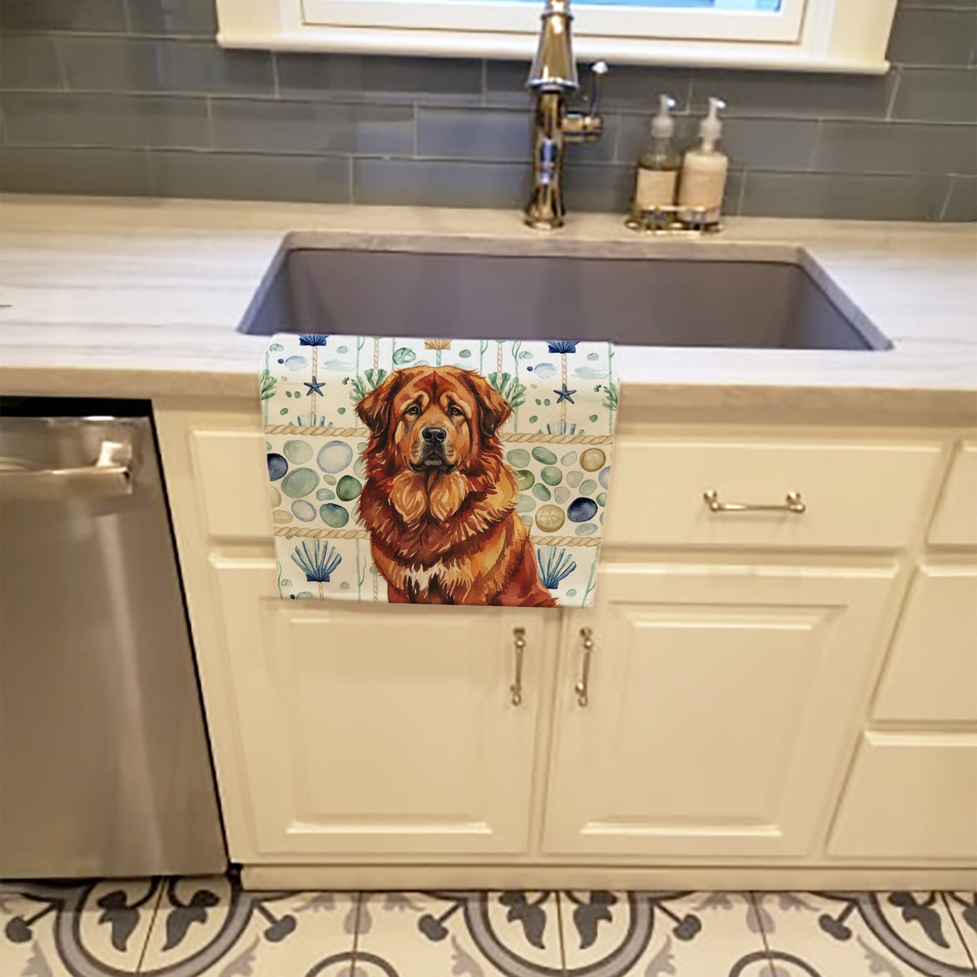 Red Gold Tibetan Mastiff Coastal Sea Glass Kitchen Towel Velour Plush Front and Cotton Loop Back Machine Washable