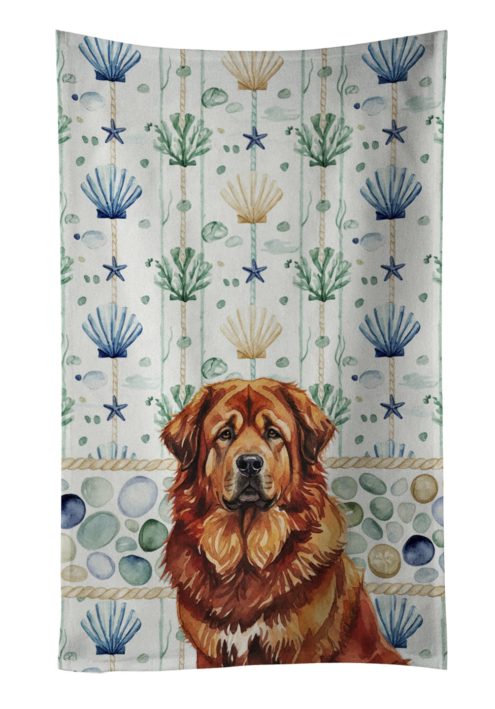 Red Gold Tibetan Mastiff Coastal Sea Glass Kitchen Towel Velour Plush Front and Cotton Loop Back Machine Washable