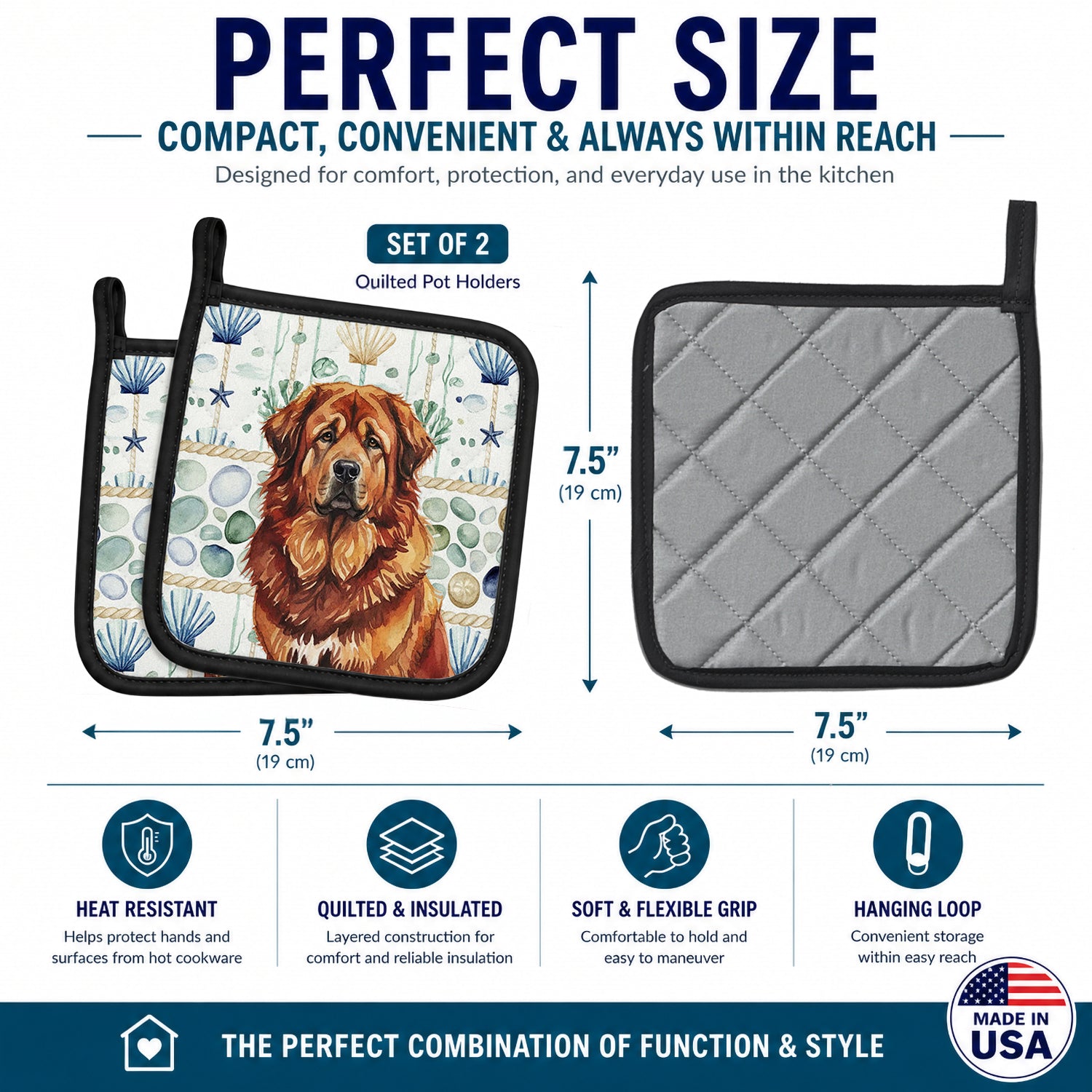 Red Gold Tibetan Mastiff Coastal Sea Glass Pot Holder Set of 2 Heat Resistant Quilted Hot Pads 7.5 x 7.5 Inch, Insulated Kitchen Trivets for Cooking & Baking