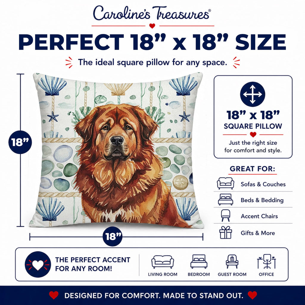 Red Gold Tibetan Mastiff Coastal Sea Glass Decorative Throw Pillow 18x18 Indoor Outdoor Accent Cushion, Fabric Cover with Insert for Sofa, Bed, Porch & Living Room