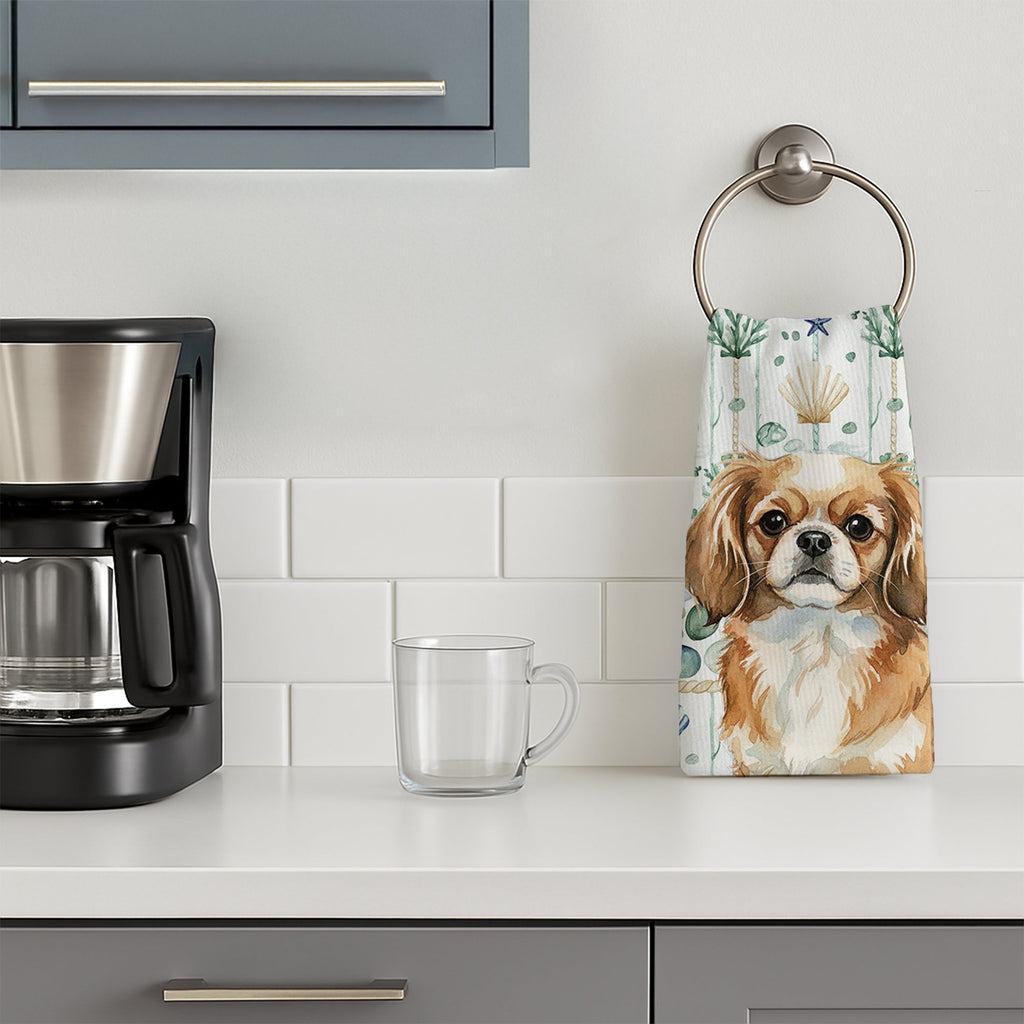 Tibetan Spaniel Coastal Sea Glass Kitchen Towel Velour Plush Front and Cotton Loop Back Machine Washable