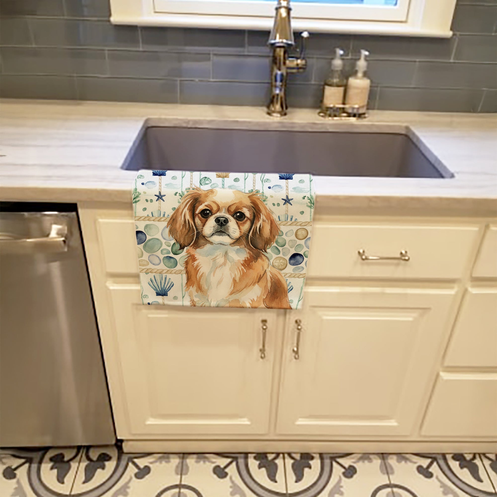 Tibetan Spaniel Coastal Sea Glass Kitchen Towel Velour Plush Front and Cotton Loop Back Machine Washable