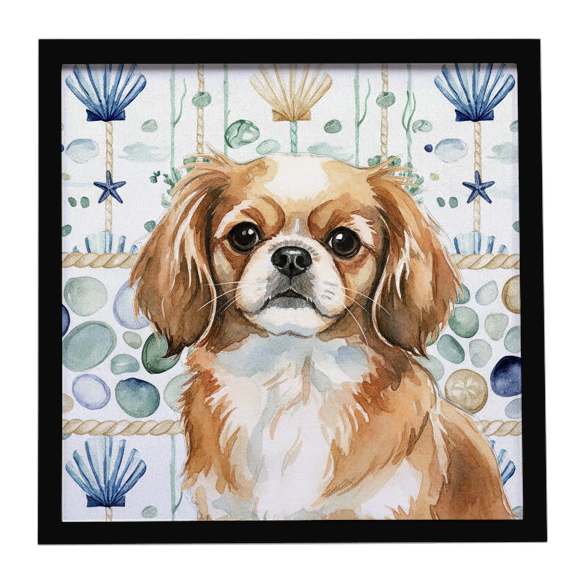 Tibetan Spaniel Coastal Sea Glass Framed Metal Print Bathroom, Kitchen, Office, Home Decor Wall Art Ready to Hang, Square, 8X8