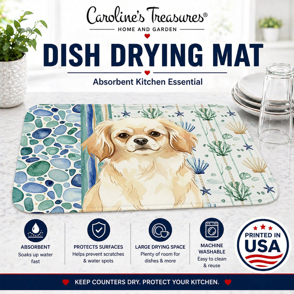 Cream Tibetan Spaniel Coastal Sea Glass Dish Drying Mat Absorbent Dish Drying Mat Pad for Kitchen Counter Dish Drainer Mat for Countertop, 14 x 21", Multicolor