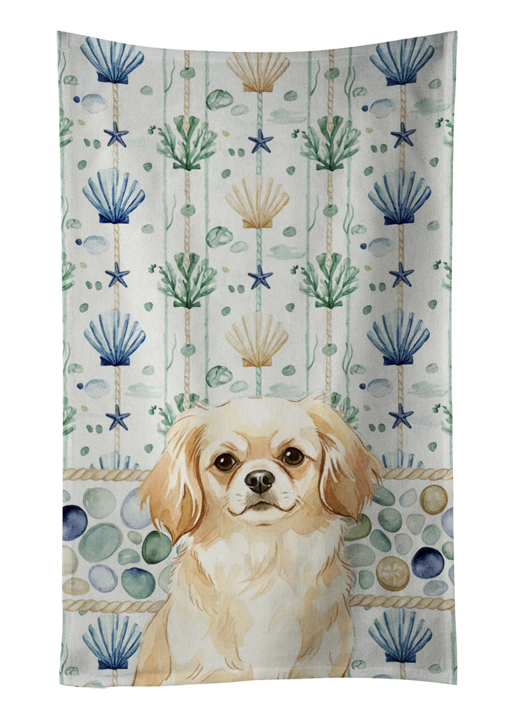 Cream Tibetan Spaniel Coastal Sea Glass Kitchen Towel Velour Plush Front and Cotton Loop Back Machine Washable