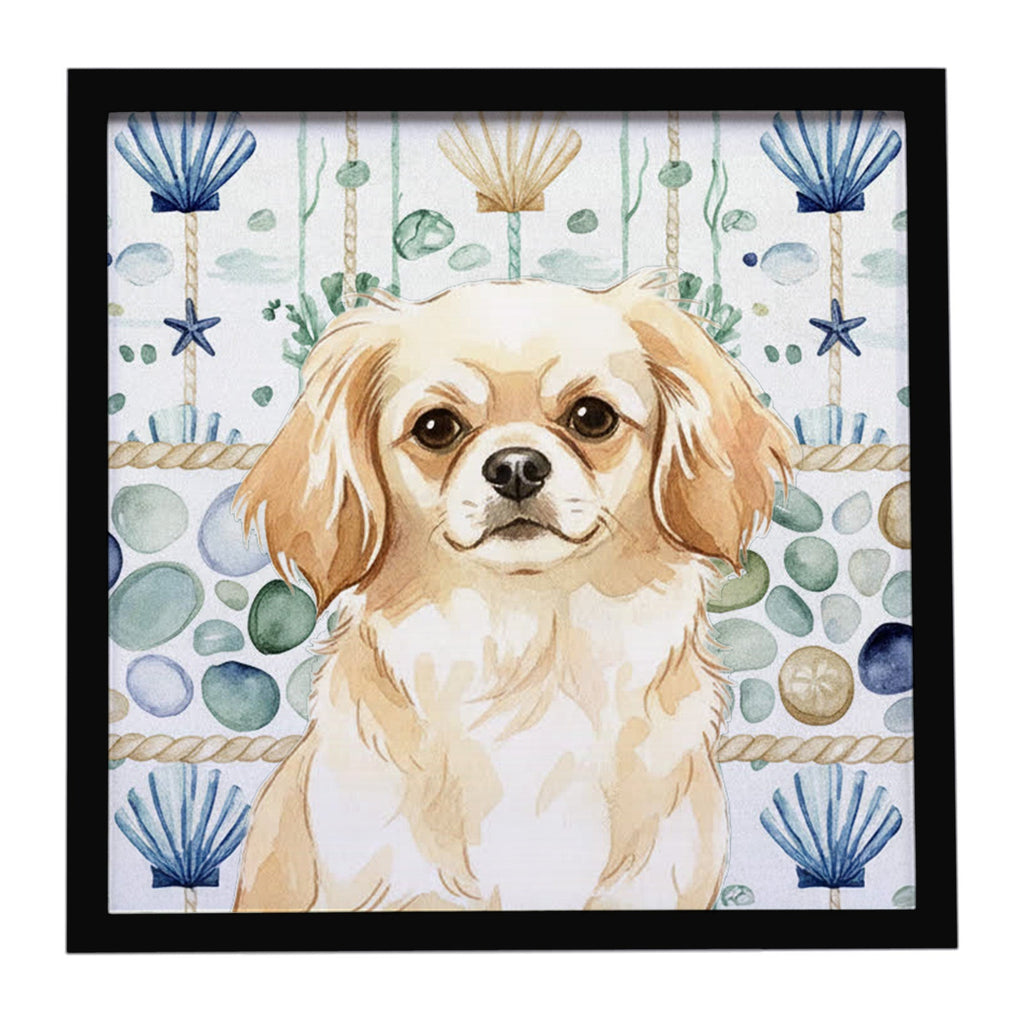 Cream Tibetan Spaniel Coastal Sea Glass Framed Metal Print Bathroom, Kitchen, Office, Home Decor Wall Art Ready to Hang, Square, 8X8
