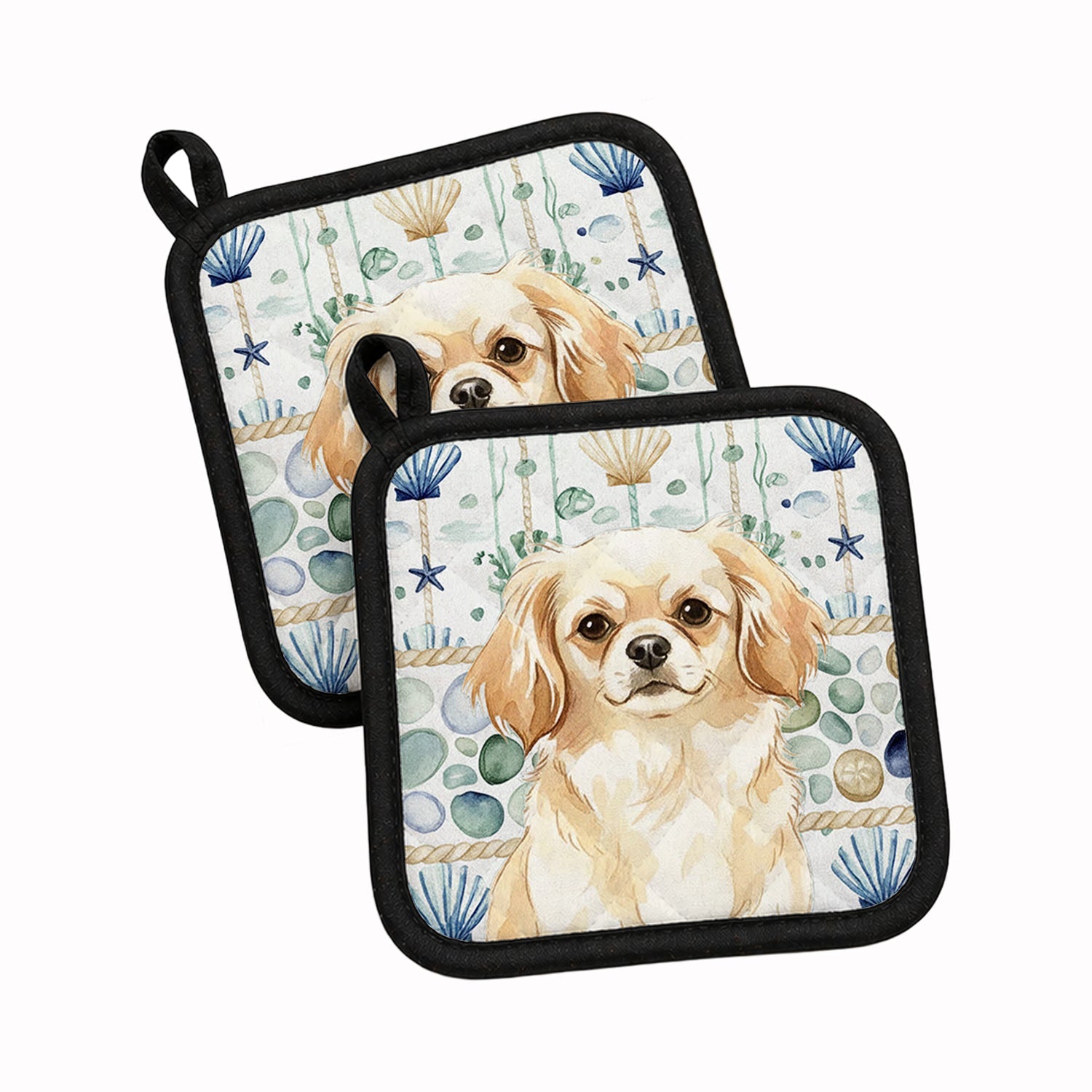 Cream Tibetan Spaniel Coastal Sea Glass Pot Holder Set of 2 Heat Resistant Quilted Hot Pads 7.5 x 7.5 Inch, Insulated Kitchen Trivets for Cooking & Baking