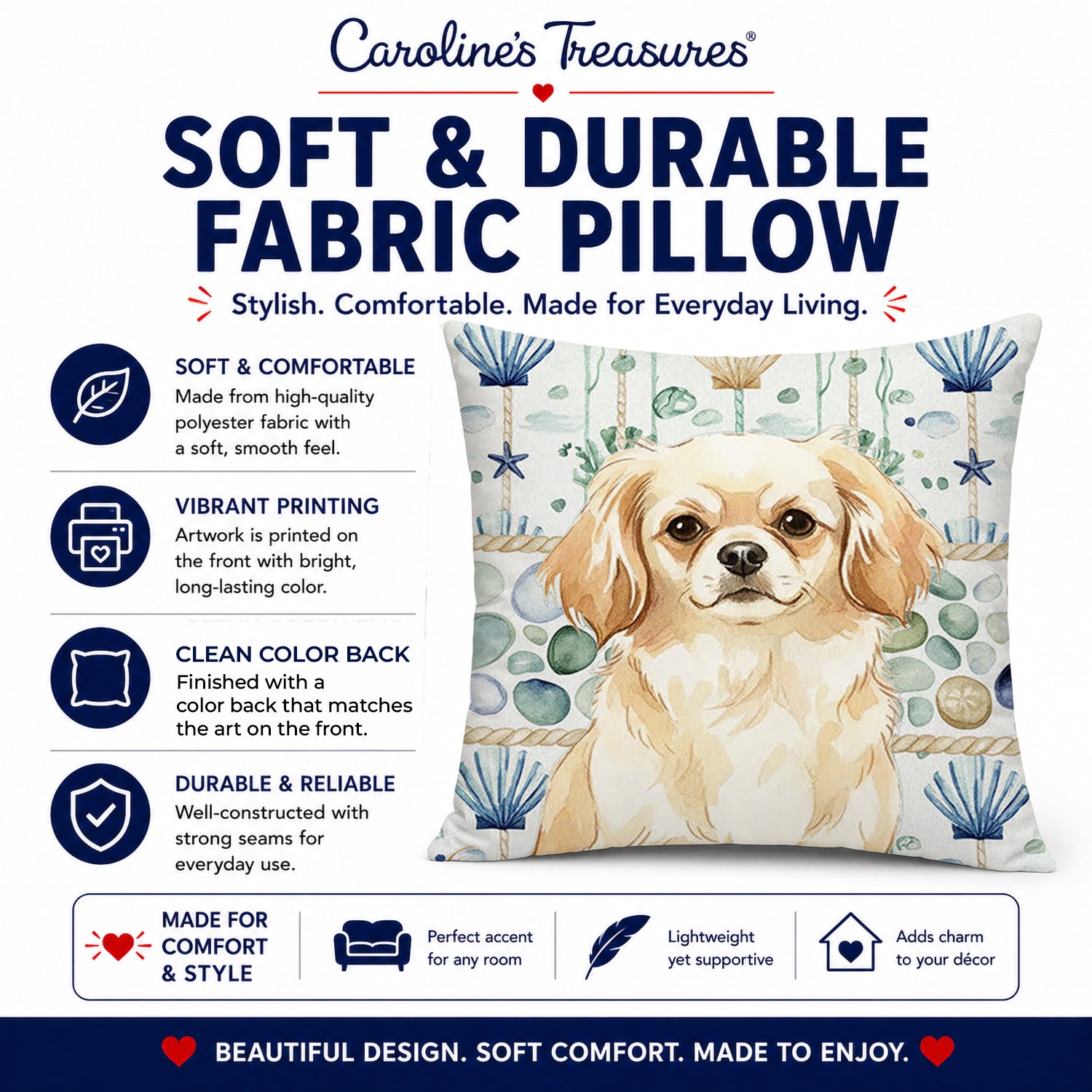 Cream Tibetan Spaniel Coastal Sea Glass Decorative Throw Pillow 18x18 Indoor Outdoor Accent Cushion, Fabric Cover with Insert for Sofa, Bed, Porch & Living Room