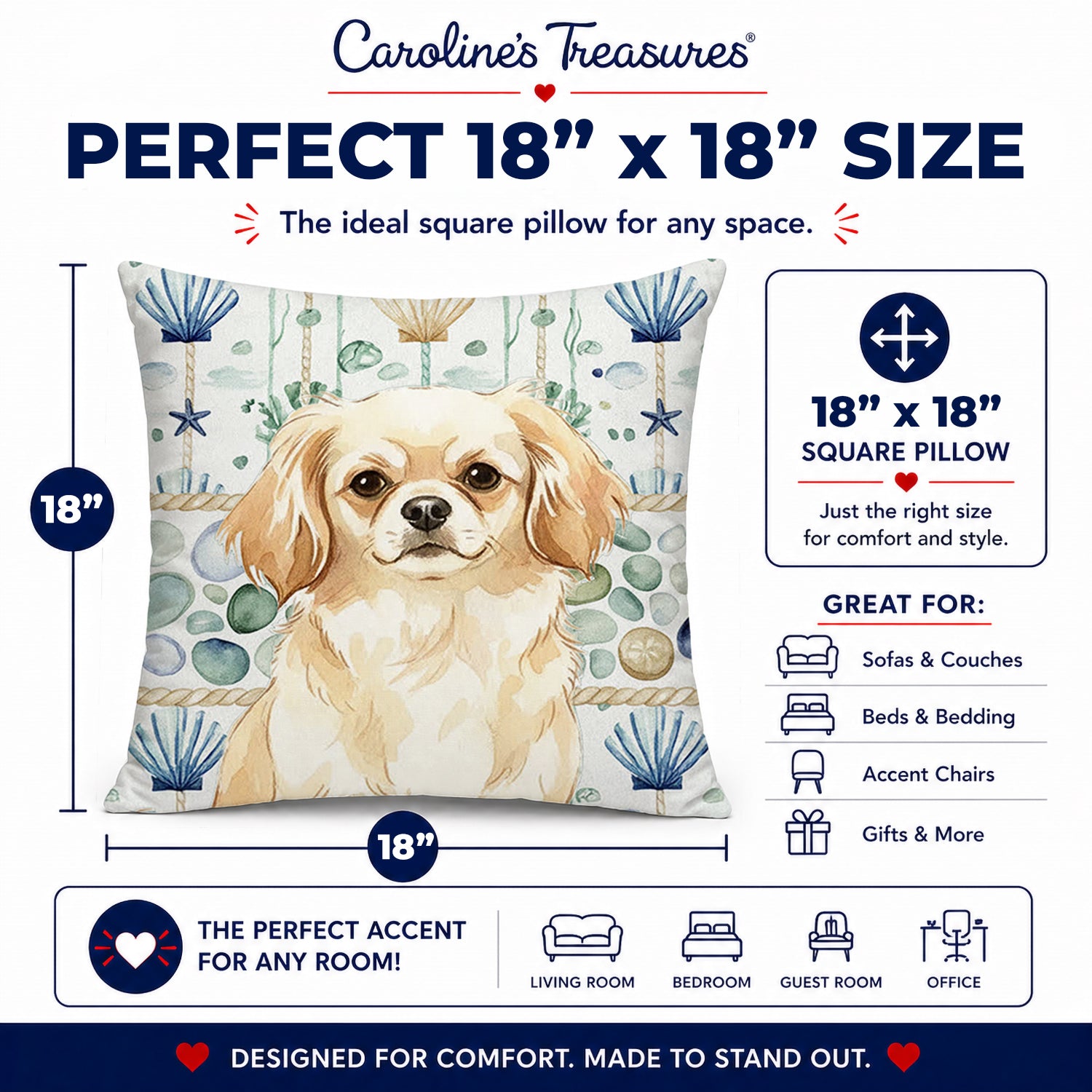 Cream Tibetan Spaniel Coastal Sea Glass Decorative Throw Pillow 18x18 Indoor Outdoor Accent Cushion, Fabric Cover with Insert for Sofa, Bed, Porch & Living Room