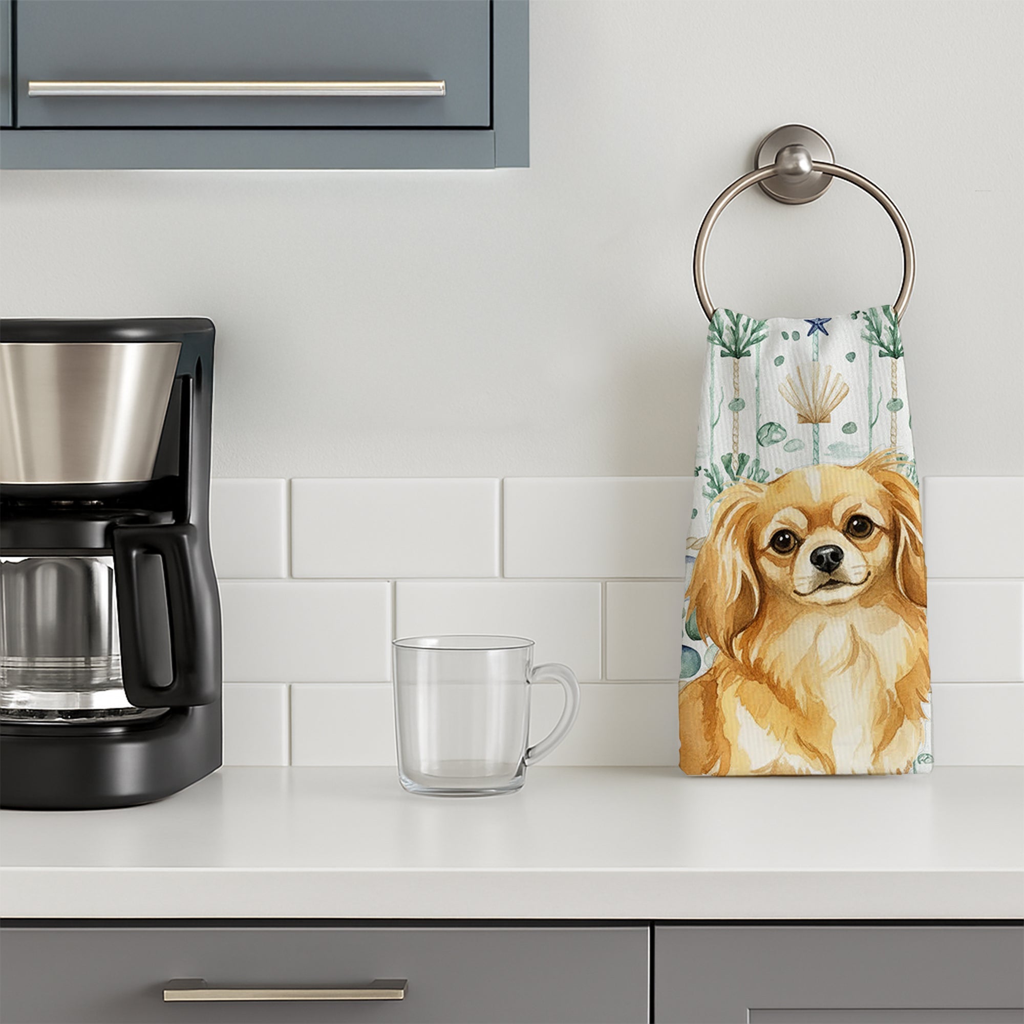 Gold Tibetan Spaniel Coastal Sea Glass Kitchen Towel Velour Plush Front and Cotton Loop Back Machine Washable