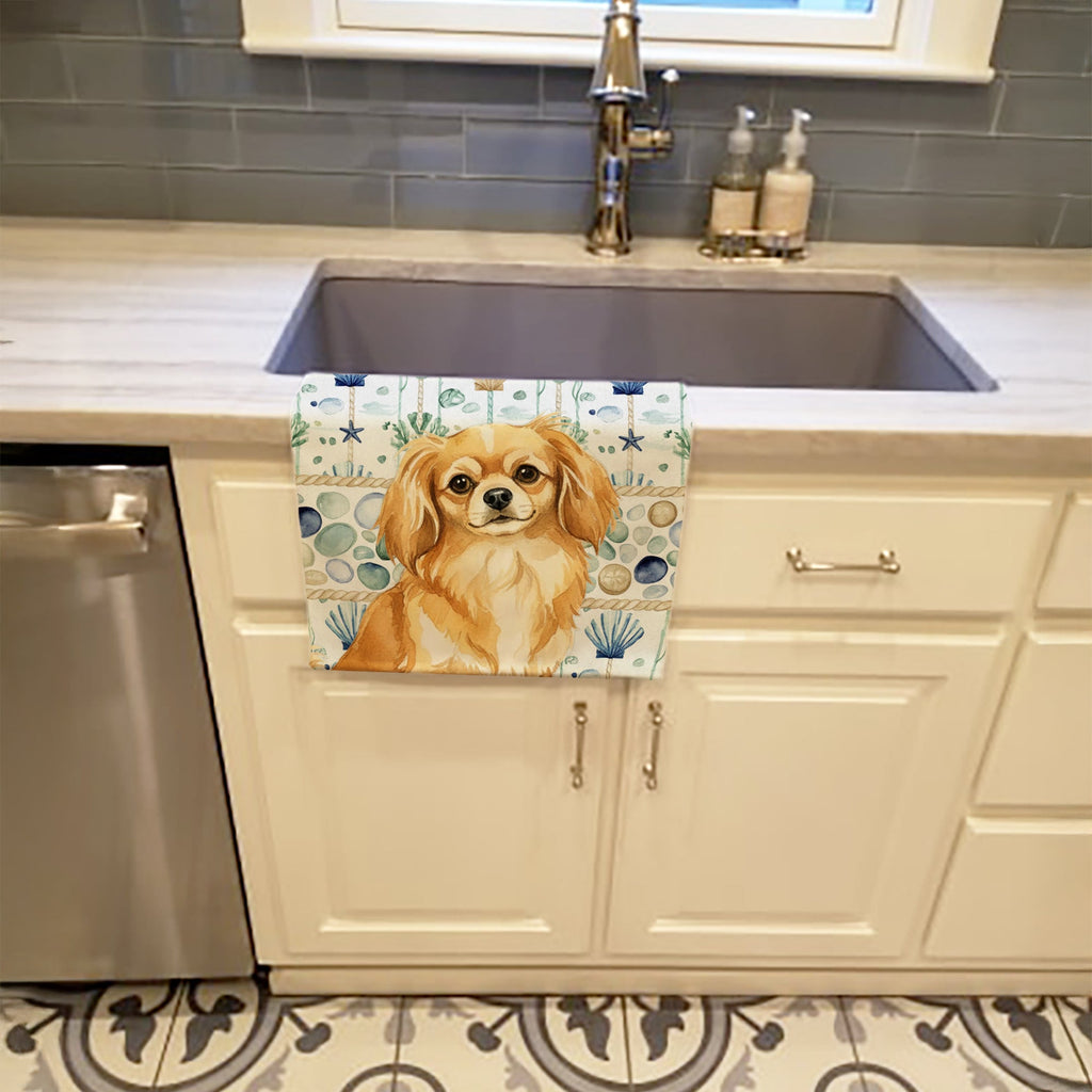 Gold Tibetan Spaniel Coastal Sea Glass Kitchen Towel Velour Plush Front and Cotton Loop Back Machine Washable